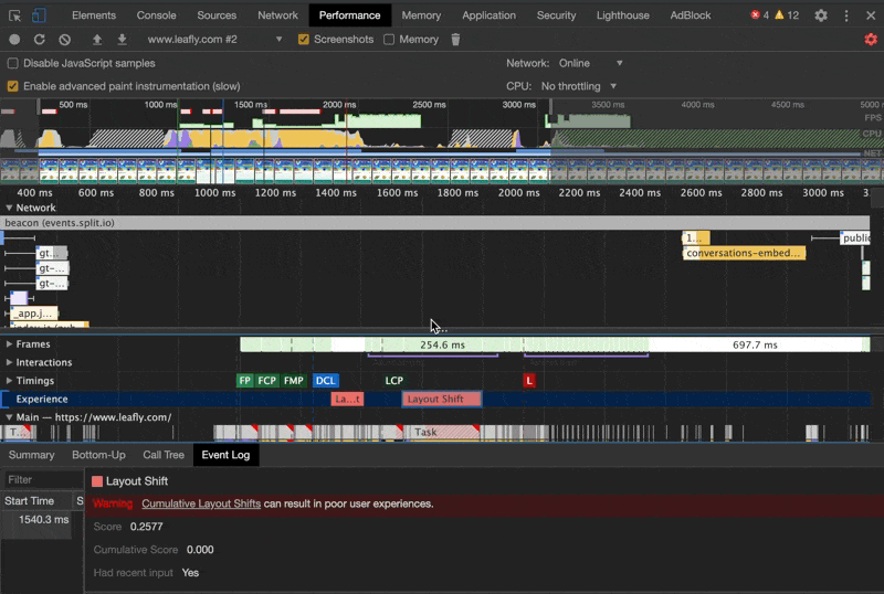 gif showing the usage of the chrome profiler to spot CLS shift issues